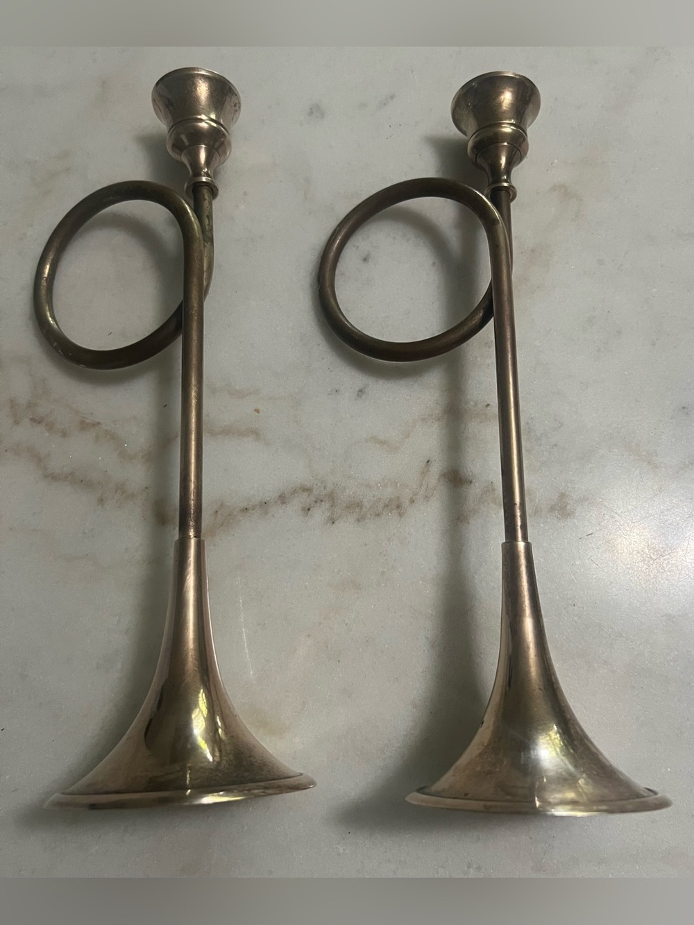 Vintage Brass Horn Candlestick Pair - Brass Finish